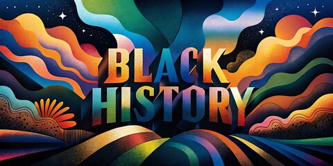 Obraz premium Black History Month text design with vibrant green, yellow, and red color swirls on background. Cultural heritage and celebration of Black history with bold typography