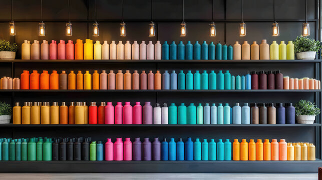 Colorful hair dye bottles arranged on shelves in trendy salon, showcasing vibrant array of shades. modern design and lighting create inviting atmosphere for clients