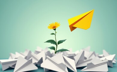 A bright yellow paper airplane leads a group of white paper airplanes across a clear blue sky.