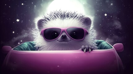 Fototapeta premium A stylish hedgehog in sunglasses driving a pink car.