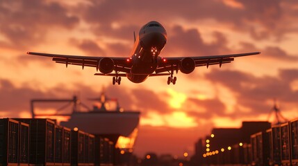 Multimodal Transport concept. A plane takes off against a vibrant sunset, showcasing a dramatic sky and airport scenery.