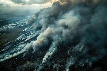 Fototapeta premium Aerial view of massive wildfire spreading across forest with billowing smoke