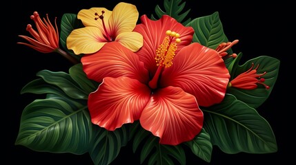 Obraz premium Vibrant and Colorful Hibiscus Flower Surrounded by Lush Green Leaves and Foliage Tropical Botanical Floral Background with Detailed Texture and Patterns