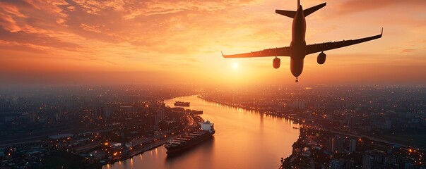 Multimodal Transport concept. A plane flies over a city at sunset, casting a silhouette against vibrant orange and purple skies, reflecting on the water below.