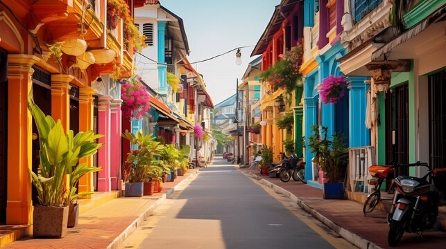 Vibrant Sino Portuguese architecture lines the historic streets of Phuket Old Town Thailand showcasing the captivating blend of Asian and European influences in this tropical coastal destination - Powered by Adobe