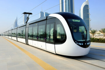 Modern urban tram in futuristic cityscape with skyscrapers in the background
