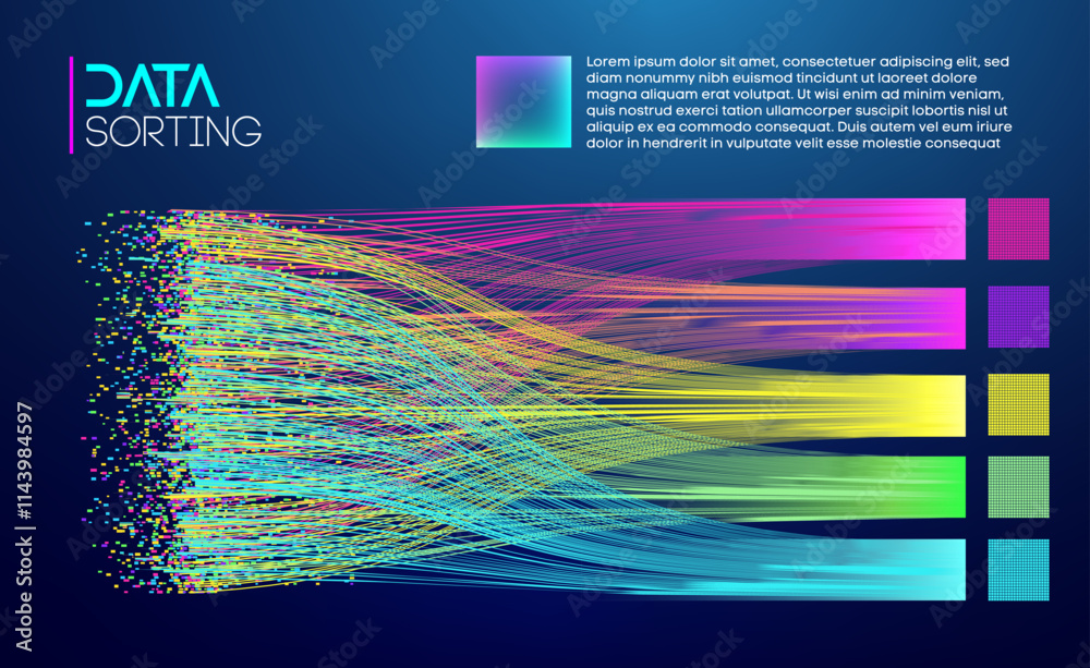 Poster abstract visualization of data sorting with colorful lines and gradient effects on a dark blue backg