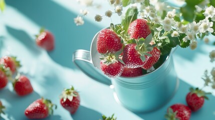 Fresh strawberries in a vintage cup surrounded by flowers on a bright blue background