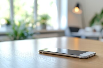 close-up of smartphone lying on wooden desk with blurred home office background