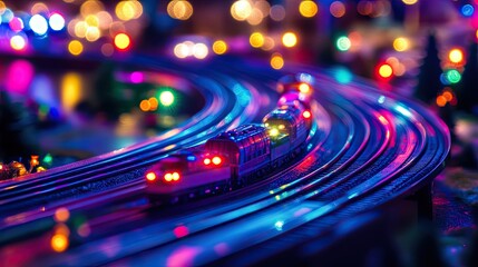 Colorful Model Train on Curved Tracks with Vibrant Bokeh Lights