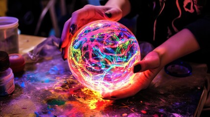 Naklejka premium Colorful Light Trails Encapsulated in a Glass Sphere with Hands