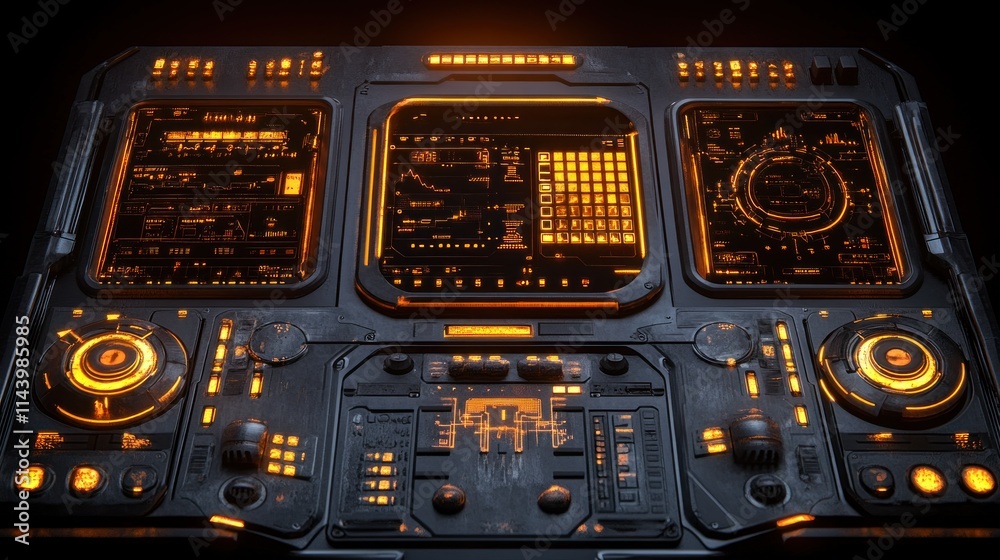 Canvas Prints futuristic control panel with glowing orange displays and dials.