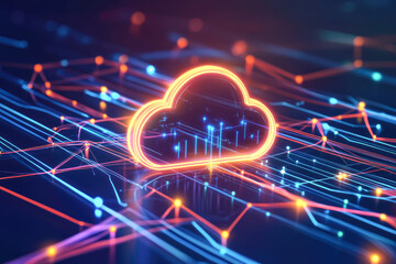 Neon cloud symbol with futuristic data network connections and glowing circuitry