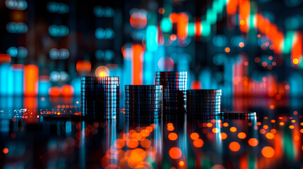 Fototapeta premium Stacked coins arranged in columns with financial graphs in the blurred background, symbolizing finance growth.