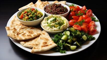 Vibrant and Appetizing Lebanese Mezze Platter Featuring Homemade Hummus Tabbouleh Baba Ghanoush and Freshly Baked Pita Bread   A Delightful Taste of Middle Eastern Cuisine