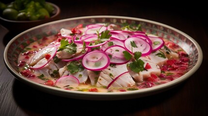 Vibrant and Flavorful Peruvian Ceviche Dish Featuring Marinated Fresh Fish Tangy Lime Juice Zesty Red Onions