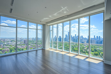 Fototapeta premium Modern empty apartment with panoramic city view and hardwood floors