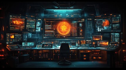 Futuristic control room with glowing screens displaying global data and a fiery orb.