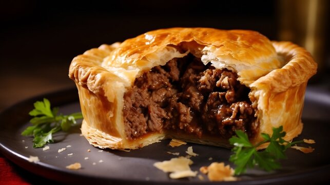 Irresistible Australian meat pie showcasing a golden flaky pastry crust and a savory juicy beef filling   a beloved traditional delicacy bursting with comforting flavors