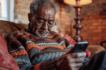 Senior Black Man Texting on Smartphone: Online Messaging App for African American Seniors