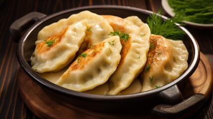 Closeup of Freshly Prepared Traditional Polish Pierogi Dumplings Filled with Creamy Potato Cheese or Tasty Meat Fillings Served on a Plate or Platter