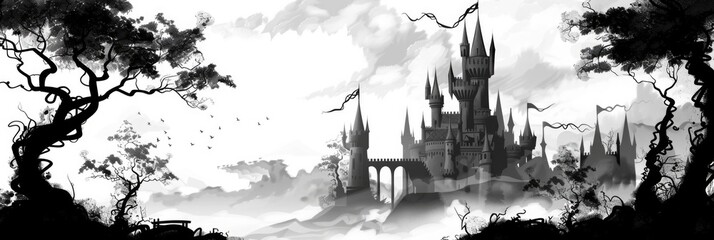 Obraz premium Silhouette Castle. Artistic Illustration of a Fantasy Castle on Beautiful Landscape with Tower and Christmas Tree