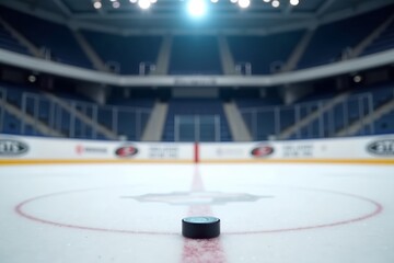 Solitary Hockey Puck on Fresh Center Ice in Empty Arena