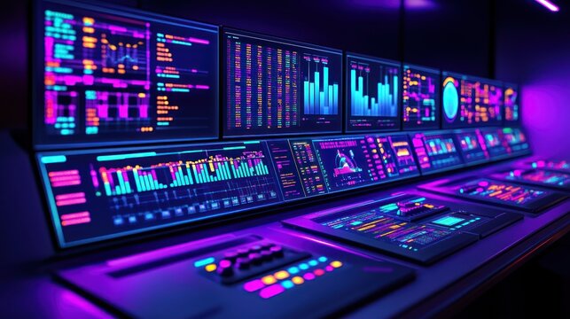 Futuristic control room with multiple monitors displaying data and graphs in vibrant neon colors. - Powered by Adobe