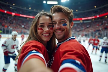 Passionate Hockey Fans Taking Selfie During Game