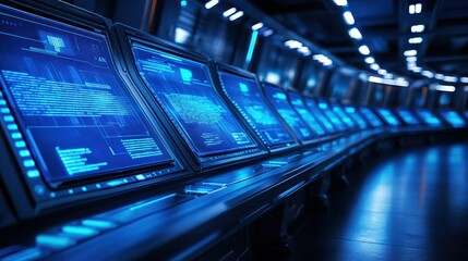 Futuristic control room with multiple screens displaying data.