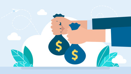 Man hand giving and holding money. Bribery money bag. Business person arm receiving cash bag gift or salary, credit grant idea or loan give with bank person or win prize. Vector illustration
