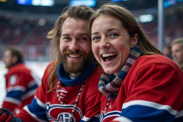 Joyful Couple in Matching Canadiens Jerseys at Hockey Game