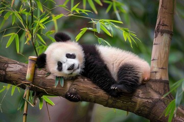 Sleeping Baby And Animal. A Lazy Panda Bear Napping on Bamboo in Bifengxia Nature Reserve, Sichuan Province