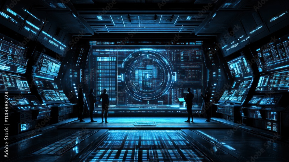 Wall mural futuristic control room with team analyzing data on large screen.