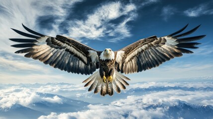 Fototapeta premium Majestic bald eagle in flight above clouds, wings spread wide.