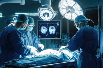 Surgical team performing brain surgery in advanced operating room