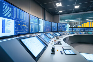 High-tech control room with multiple monitors displaying data and analytics