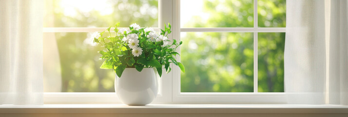 Fototapeta premium Sunlit White Flowers in a Pot by the Window