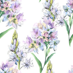 Watercolor seamless pattern with delicate flowers on white isolated background. Floral and botanical repeating pattern. Design for textiles, wrapping paper and wallpaper.