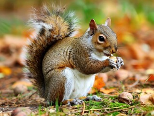 Fototapeta premium Squirrel Eating. Cute Rodent Mammal Enjoying a Nut in Natural Wildlife Habitat