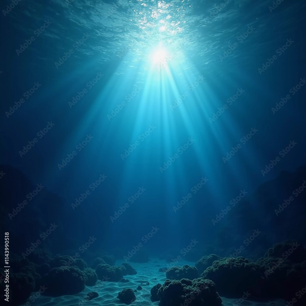 Poster Light filters through the surface of the deep blue sea, creating a serene atmosphere with vibrant rays reaching down into the water's depths during the day. Generative AI
