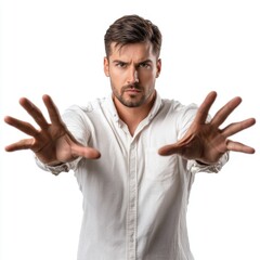 Fototapeta premium Confident Man Reaching Forward with Outstretched Hands in Studio Setting with Serious Expression