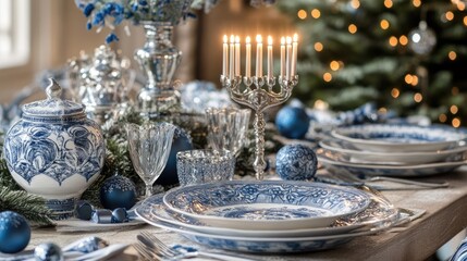 Elegant Blue and White Holiday Table Setting with Candles