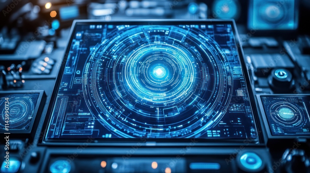 Poster futuristic digital interface with glowing blue circular hud on a high-tech control panel.