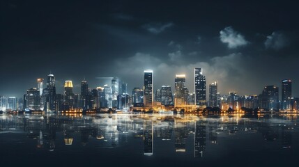 Fototapeta premium Breathtaking panoramic view of Bangkok s booming metropolitan skyline at nightfall featuring a stunning array of modern high rise buildings and glittering lights that create a captivating