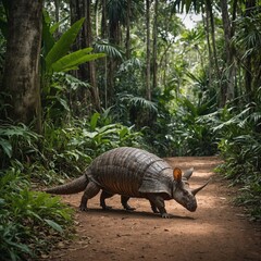 A giant armadillo exploring a vibrant jungle path.