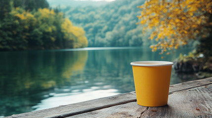 Obraz premium A yellow disposable cup sits on a wooden surface overlooking a serene lake surrounded by lush autumn foliage. Enjoy the simple pleasures.
