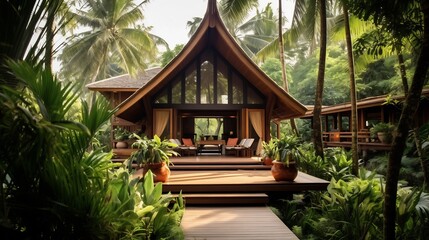 Picturesque traditional Thai wooden house surrounded by lush tropical gardens palm trees and verdant foliage offering a serene and tranquil escape in a beautiful natural setting