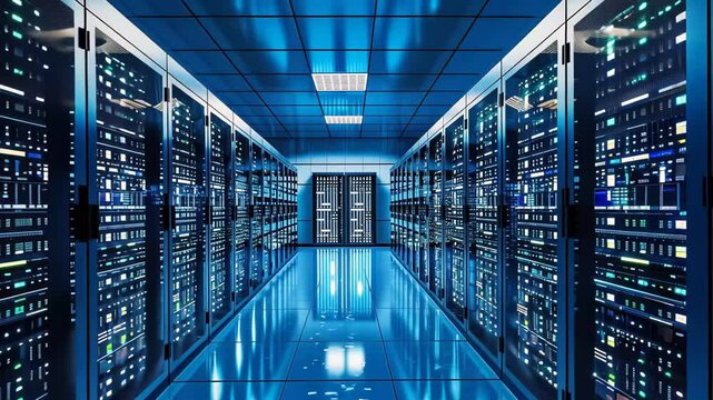 Rows of high-tech servers occupy a spacious data center, illuminated by blue lighting that highlights the intricate design and advanced technology inside.