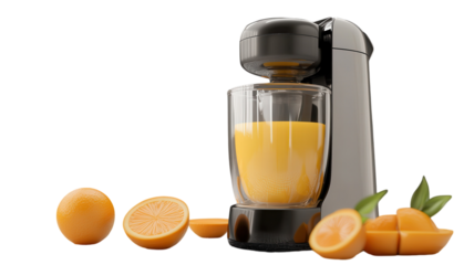 Freshly squeezed orange juice being prepared with a modern juicer in a bright kitchen setting, highlighting vibrant colors and textures.